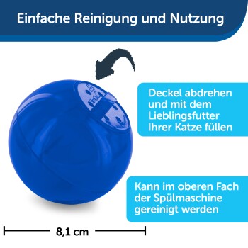 Blauer Futterball für Katzen mit Anweisungen zur Nutzung: 'Deckel abdrehen und mit dem Lieblingsfutter Ihrer Katze füllen.' Größe 8,1 cm.