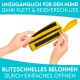Gelbe Hundeleckerlitasche mit Klettverschluss und Reißverschluss, gehalten von Händen; der Text lautet "Unzugänglich für den Hund" und "Blitzschnelles Belohnen."
