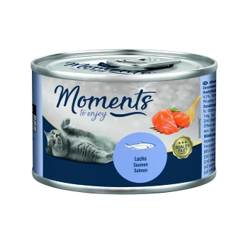 Cat food can featuring a playful gray cat, salmon pieces, and the text "Moments to enjoy" with "Lachs Saumon Salmon" highlighted.
