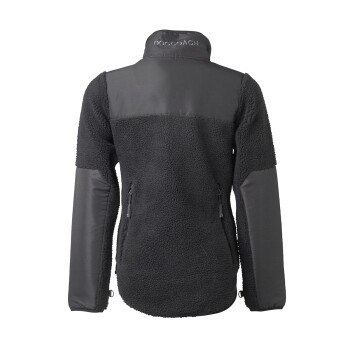 Eine schwarze Fleecejacke mit einem glatten oberen Abschnitt und einem strukturierten unteren Abschnitt, mit seitlichen Reißverschlüssen und dem Text "DOGGOACH" am Kragen.