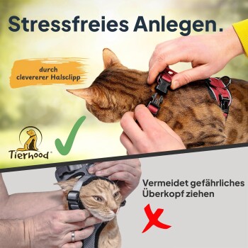 Zwei Katzen in Geschirren: oben wird eine stressfreie Anpassung beworben, unten wird vor der Verwendung über den Kopf gewarnt. "Tierhood"-Logo und Vorsichtstext enthalten.