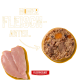 Orangefarbene Tiernahrungsanzeige: rohe Hähnchenbrust und runde Fleischpastete mit Pfeil; sichtbarer Text 'HOHER FLEISCH-ANTEIL.' und 'FLEISCHESLUST'.