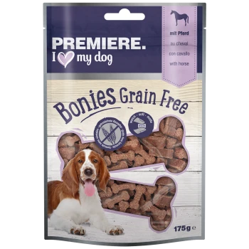 Premiere I Love My Dog Bonies Getreidefreie Hundeleckerlis, mit einem braunen Hund und knochenförmigen Snacks in einer 175g Verpackung.