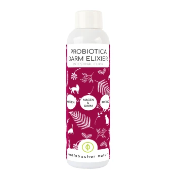 Probiotica Darm Elixier Flasche für Haustiere, gekennzeichnet als 'Darmelixier' mit Illustrationen von Katzen und Pflanzen, von Wolfsbacher Natur.