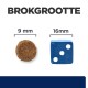 Afbeelding die de grootte van huisdiervoeding (9 mm) vergelijkt met een blauwe dobbelsteen (16 mm), met de titel "BROKGROOTTE" erboven.