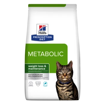 Torba z karmą dla kotów Hill's Prescription Diet Metabolic z tabby, oznaczona jako przeznaczona do utraty wagi i utrzymania, polecana przez weterynarzy.