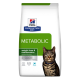 Hill's Prescription Diet Metabolic Katzenfutterbeutel mit einer getigerten Katze, gekennzeichnet für Gewichtsreduktion und -erhaltung, vom Tierarzt empfohlen.