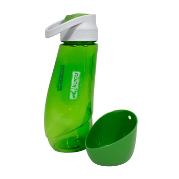 Gourd Wasserflasche und -napf für Hunde grün Grüne Haustier-Wasserflasche mit weißem Deckel und abnehmbarem Schüssel, beschriftet 'Kurgo'.