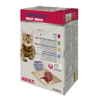 PREMIERE. MEAT MENU Katzenfutterbox für erwachsene Katzen mit einer getigerten Katze, rohen Fleischstücken, '100% FRISCHFLEISCH' und '12x85g'.