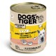 Dosenhundefutter "DOGS'n TIGER" mit gelbem Design, mit "GAUDI Huhn mit Truthahn, Cranberry & Süßkartoffel," 63% Huhn und Truthahn.