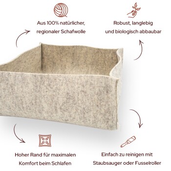 Haustierbett aus 100% natürlicher regionaler Schafwolle, mit hohem Rand für Komfort, langlebig, biologisch abbaubar und leicht zu reinigen.
