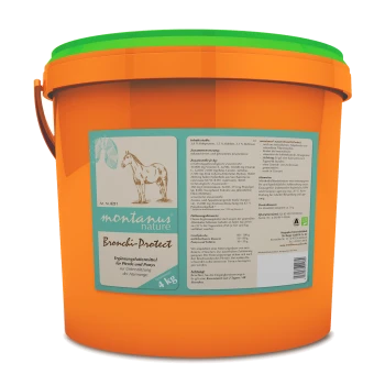 Oranger Eimer mit der Aufschrift "montanus nature Bronchi-Protect," der 4 kg Nahrungsergänzungsmittel für Pferde und Ponys enthält, mit Zutatenangaben.