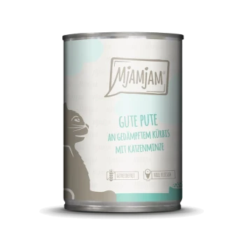 Katzenfutterdose mit einer Katzensilhouette, beschriftet mit 'GUTE PUTE an gedämpftem Kürbis mit Katzenminze,' und Symbolen für getreidefrei und hohen Fleischanteil.