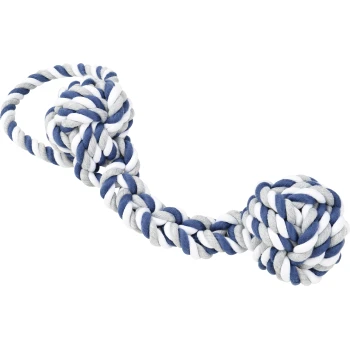 Ein strapazierfähiges Hundespielzeug mit einem dicken, geflochtenen Seil mit zwei großen Knoten, in Blau, Grau und Weiß gefärbt.