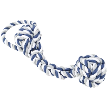 Ein strapazierfähiges Hundespielzeug mit einem dicken, geflochtenen Seil mit zwei großen Knoten, in Blau, Grau und Weiß gefärbt.