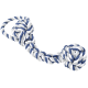 Un jouet pour chien durable avec une corde épaisse tressée et deux gros nœuds, de couleur bleue, grise et blanche.