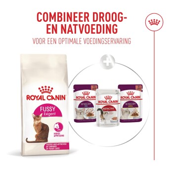 Royal Canin kattenvoer: grote droge zak 'Fussy Exigent' en drie natvoerzakjes/blikje. Zichtbare tekst: 'Combineer droog- en natvoeding.'