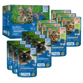Packung mit Bozita Sterilised Delicate Meat Menu Katzenfutterbeuteln, mit verschiedenen Geschmacksrichtungen, vor einem blauen Hintergrund und Bildern von Katzen.