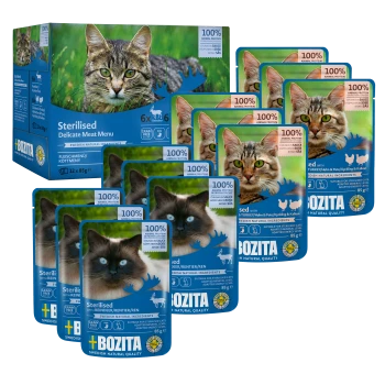 Packung mit Bozita Sterilised Delicate Meat Menu Katzenfutterbeuteln, mit verschiedenen Geschmacksrichtungen, vor einem blauen Hintergrund und Bildern von Katzen.