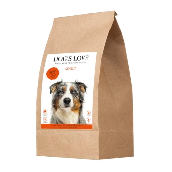 Braune Papiertüte mit Hundefutter, beschriftet mit "DOG'S LOVE" und einem Foto eines Hundes, gekennzeichnet mit "ADULT" und einem Qualitätssiegel.