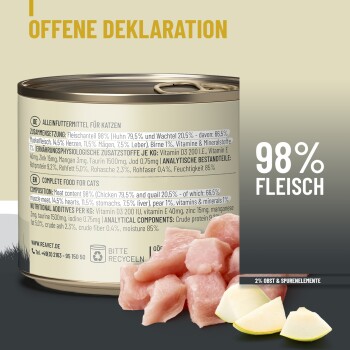 Katzenfutterdose mit detaillierten Zutaten, 98% Fleischanteil, und Bildern von rohen Fleischstücken und Birnenscheiben.