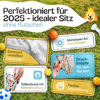 Bild zeigt einen Größenleitfaden für Hundebekleidung mit Anweisungen auf Deutsch. Größen XS bis XL sind mit entsprechenden Maßen in Zentimetern aufgeführt.