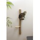 Getigerte Katze sitzt auf wandmontiertem vertikalem Kratzbaum mit zwei Holzplattformen vor weißer Wand.