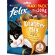 Felix Knabber Mix katten traktaties, 200g verpakking, met een speelse zwart-witte kat en smaken: kip, lever, kalkoen; 'ca. 2 kcal per snack.'