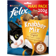 Felix Knabber Mix Katzenleckerlis, 200g Packung, mit einer verspielten schwarz-weißen Katze und Geschmacksrichtungen: Huhn, Leber, Pute; "ca. 2 kcal pro Snack."