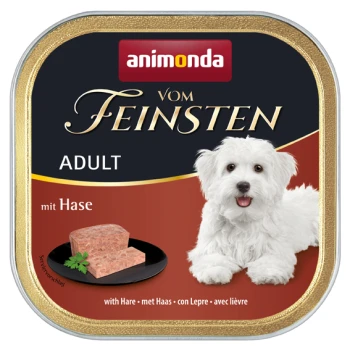 Eine Dose Animonda Hundefutter mit der Aufschrift "vom Feinsten ADULT mit Hase", mit einem lächelnden weißen Hund und einem Stück Fleisch auf einem Teller.