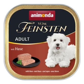 Une boîte de nourriture pour chien Animonda étiquetée "vom Feinsten ADULT mit Hase", avec un chien blanc souriant et une portion de viande sur une assiette.
