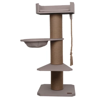 Kratzbaum Sara XXL beige Katzenbaum mit zwei Plattformen, einer gemütlichen Hängematte und einem mit Sisal umwickelten Kratzpfosten in neutralen Grautönen.