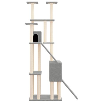 Katzenbaum mit mehreren Ebenen, Kratzpfosten und einem gemütlichen Rückzugsort in Grau und Beige.