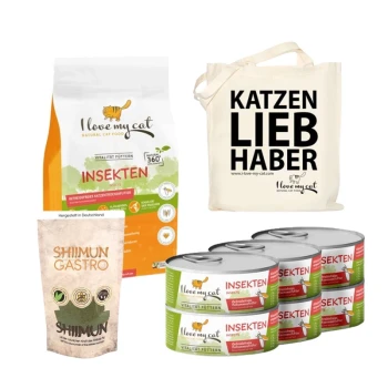 Haustierprodukte: "Ich liebe meine Katze" insektenbasiertes Trockenfutter, vier Dosen Insektenkatzenfutter, "Shimun Gastro"-Supplement und eine "KATZEN LIEB HABER"-Tasche.