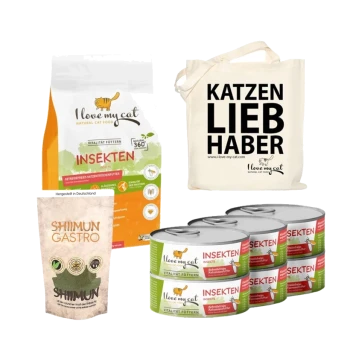 Haustierprodukte: "Ich liebe meine Katze" insektenbasiertes Trockenfutter, vier Dosen Insektenkatzenfutter, "Shimun Gastro"-Supplement und eine "KATZEN LIEB HABER"-Tasche.