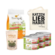 Haustierprodukte: "Ich liebe meine Katze" insektenbasiertes Trockenfutter, vier Dosen Insektenkatzenfutter, "Shimun Gastro"-Supplement und eine "KATZEN LIEB HABER"-Tasche.