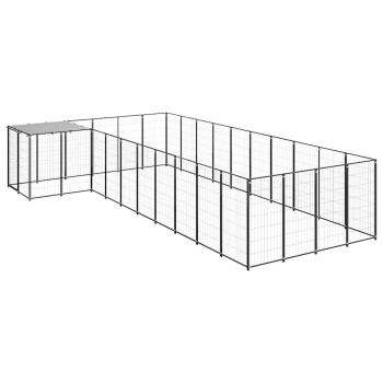 Großer schwarzer Metall-Haustierauslauf mit überdachtem Bereich, für den Außen- oder Innenbereich konzipiert.