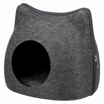 Dark gray felt cat cave bed with round entrance and side zipper