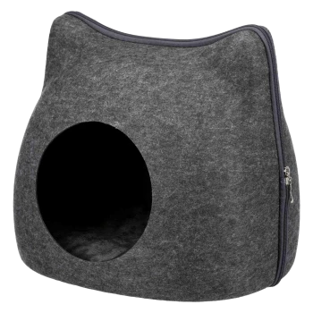 Dark gray felt cat cave bed with round entrance and side zipper