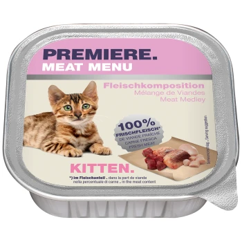Meat Menu Kitten Fleischkomposition 16x100 g Ein braunes gestreiftes Kätzchen auf pink- und silberfarbener Verpackung mit der Aufschrift "Premiere Meat Menu" für Kätzchen, mit dem Hinweis "100% Frischfleisch."