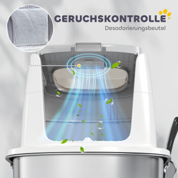 Weiße Top-Entry-Katzentoilette (Einstieg oben) mit Geruchskontrolllüftung und Blättern; sichtbarer Text 'GERUCHSKONTROLLE Desodorierungsbeutel'