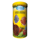 Ein zylindrischer Behälter mit Aquaris Diskus Granulat Fischfutter, mit bunten Bildern von Diskusfischen und einem Etikett mit der Aufschrift "plus Omega 3."