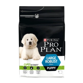 Chien Large Robust Puppy Riche en Poulet 3 KG Sac de nourriture pour chiots Purina Pro Plan avec un chiot blanc duveteux sur le devant, étiqueté "LARGE ROBUST 25KG+" et "OPTISTART."