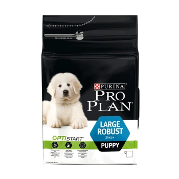 Purina Pro Plan puppyvoer zak met een fluffy witte puppy op de voorkant, gelabeld "LARGE ROBUST 25KG+" en "OPTISTART."