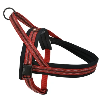 Rotes und schwarzes Hundegeschirr mit gepolsterten Riemen und einem Metall-D-Ring zur Leinenbefestigung, entworfen für Komfort und Kontrolle.