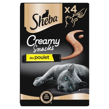 Paquet de friandises pour chats Sheba Creamy Snacks saveur poulet avec un chat gris et étiquette "Sans sucre ajouté".