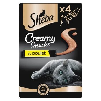 Paquet de friandises pour chats Sheba Creamy Snacks saveur poulet avec un chat gris et étiquette "Sans sucre ajouté".