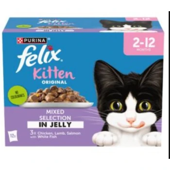 Purina Felix Kitten food box with a playful black and white kitten, featuring "Mixed Selection in Jelly" flavors for 2-12 month old kittens.