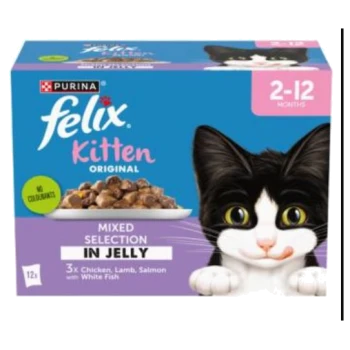 Purina Felix Kitten food box with a playful black and white kitten, featuring "Mixed Selection in Jelly" flavors for 2-12 month old kittens.