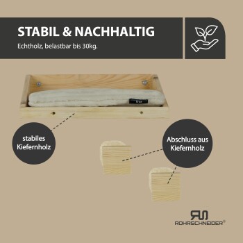 Holzhaustierbett mit weichem Kissen, aus stabilem Kiefernholz gefertigt, trägt bis zu 30 kg, mit der Aufschrift „Stabil & Nachhaltig“.